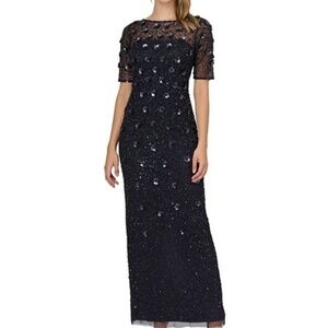 Adrianna Papell - 3D Floral Beaded Short Sleeve Gown